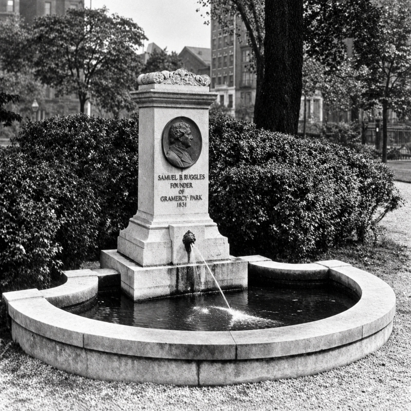 The early Ruggles Fountain with its curved stone rim, portrait relief and running water.