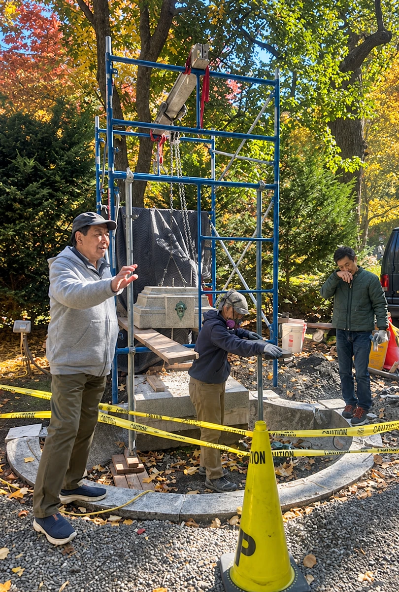 The Ruggles monument reassembled inside metal scaffolding, with the basin and surrounding work area below.
