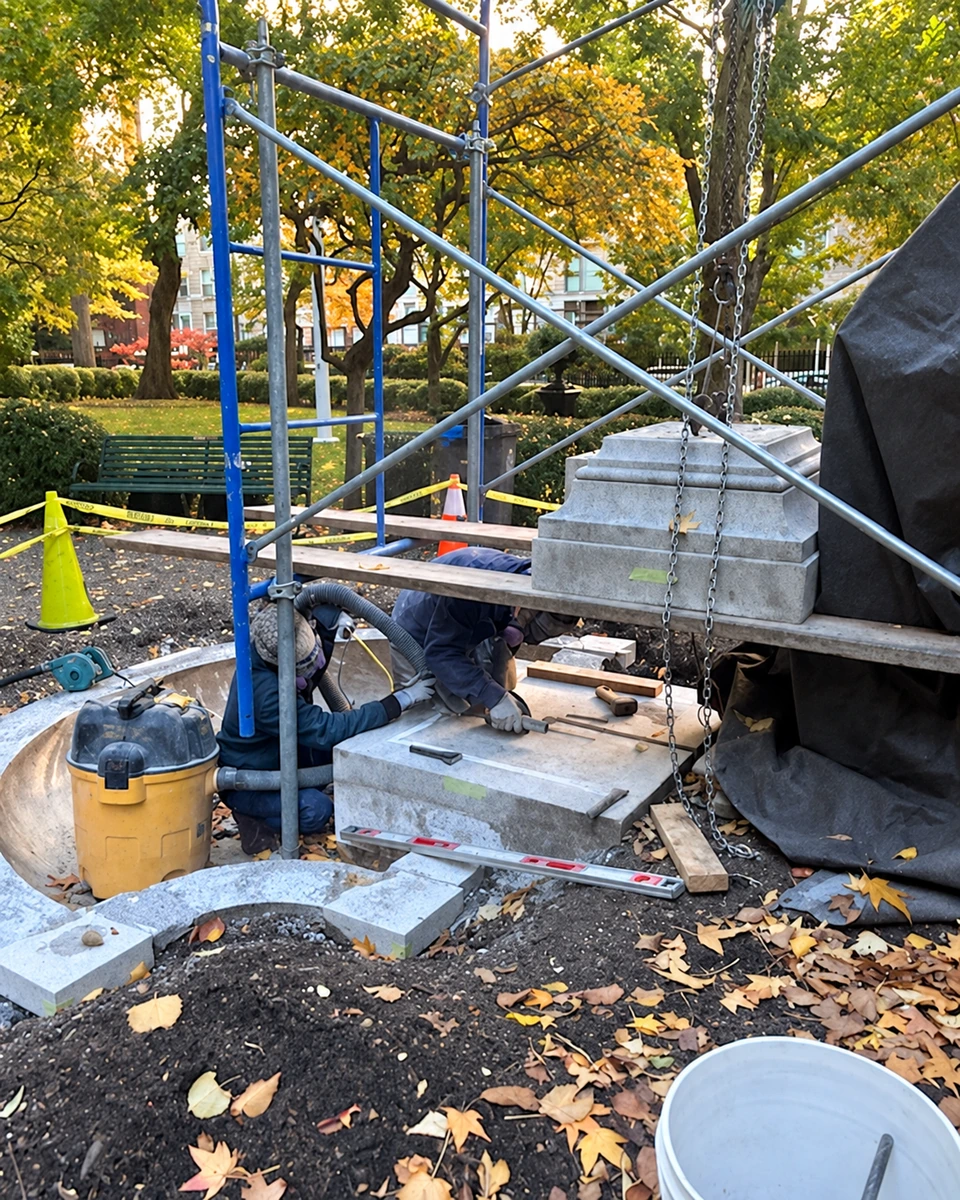 Scaffolding around the fountain base, with stone pieces, tools and a bucket in the work area.
