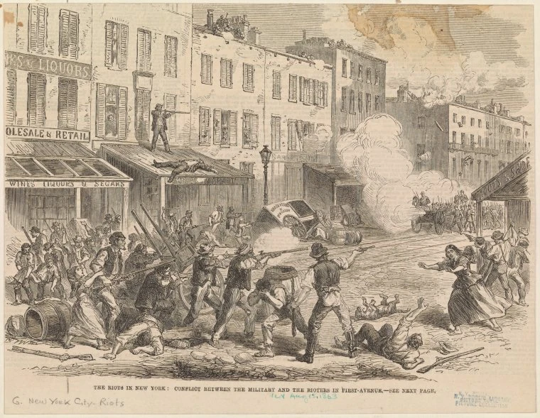 An 1863 engraving of military troops and rioters on First Avenue, elsewhere in Manhattan.