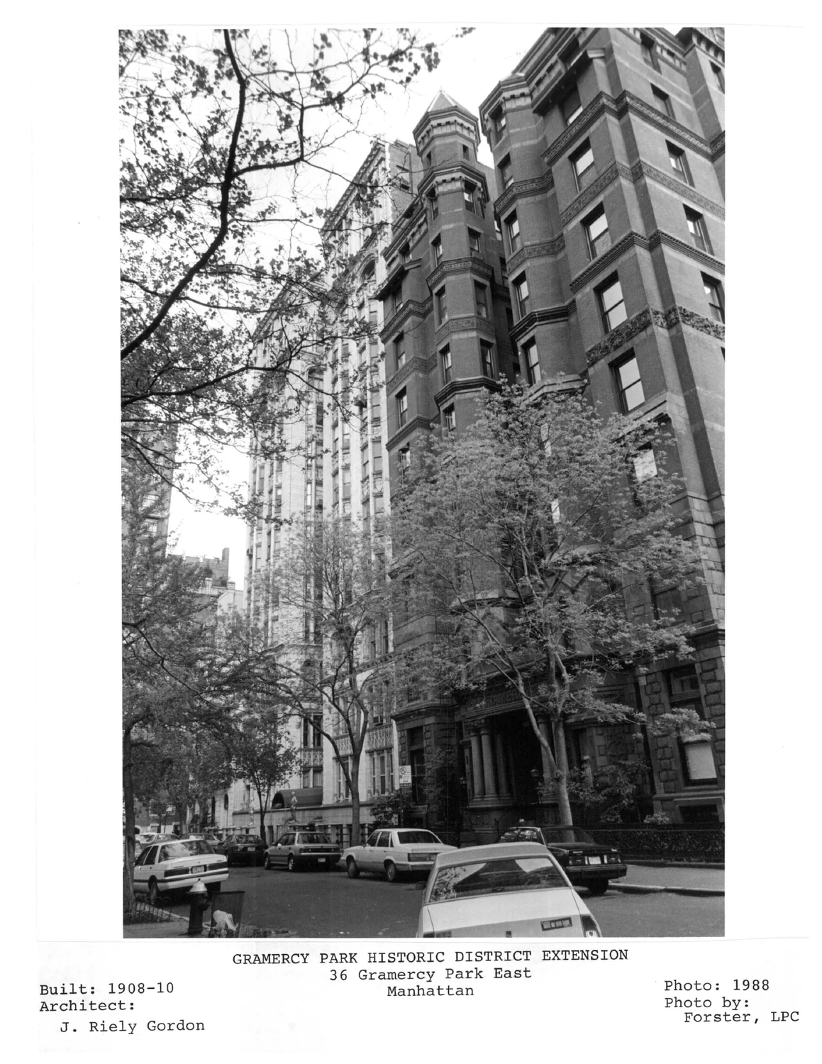 A 1988 Landmarks Preservation Commission photograph showing 34 Gramercy Park East beside the taller 36 Gramercy Park East.