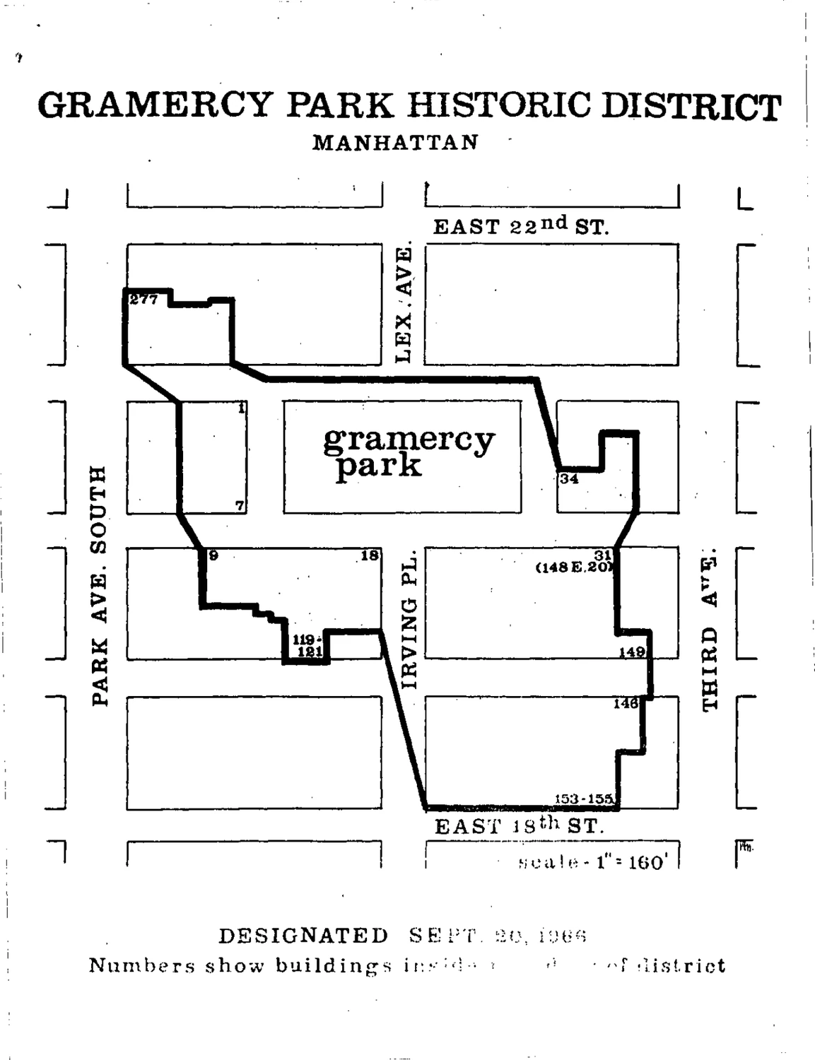 The original Gramercy Park Historic District boundary, 1966.
