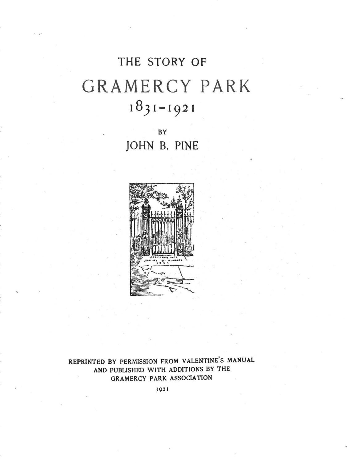 The title page of The Story of Gramercy Park, 1921.