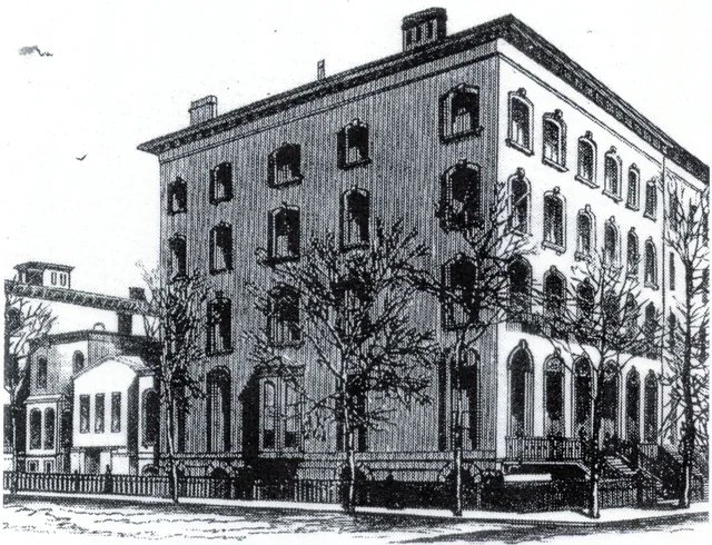 An engraving of the Field residence at Lexington Avenue and Gramercy Park, showing its high stoop, brick walls, arched windows and iron fence.