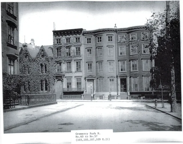 A low ivy-covered rectory beside tall, narrow houses with high stoops on the Park’s north side, with the tour booklet’s original address label retained.