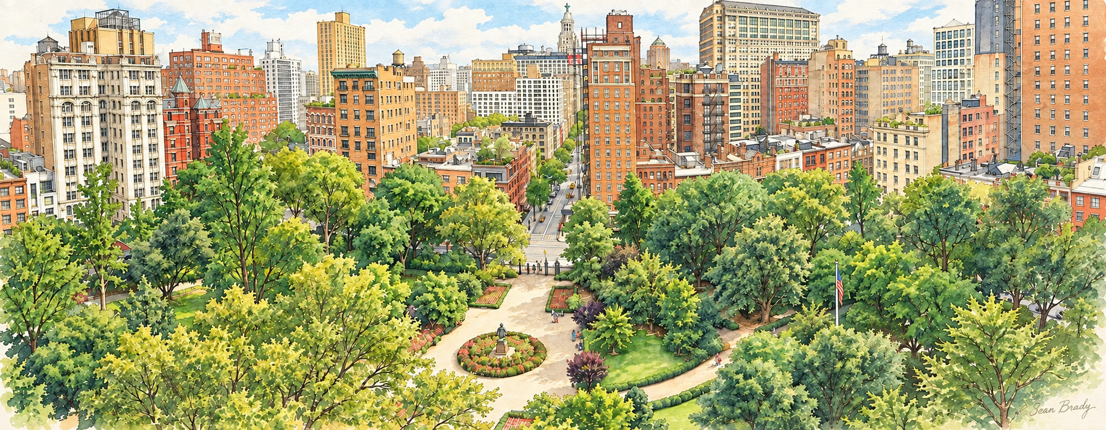 Ink-and-watercolor panorama of Gramercy Park and its surrounding buildings, based on a photograph by Sean Brady