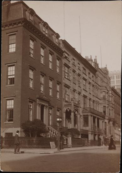 George F. Arata’s sepia photograph of the corner of Irving Place and the row of houses on Gramercy Park South, about 1916.
