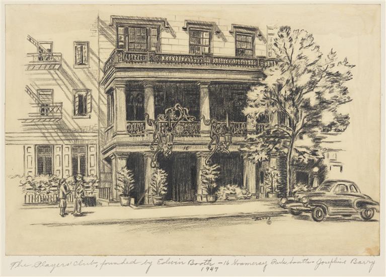 Josephine Barry’s 1947 pencil drawing of The Players, with its ornate balcony, entrance and neighboring buildings.
