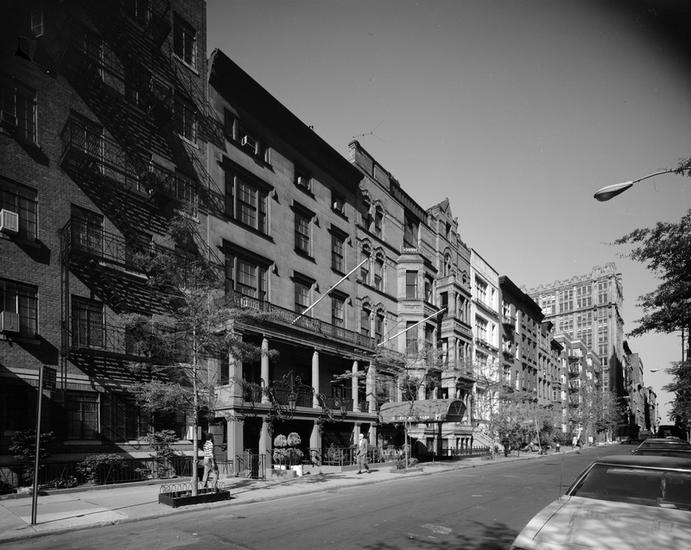 An archival view along Gramercy Park South including the National Arts Club, with scaffolding visible, about 1977.