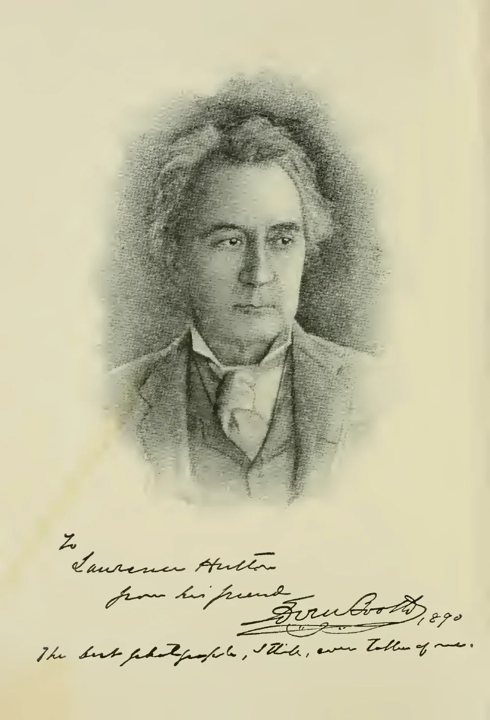 A soft-edged portrait of Edwin Booth with his handwritten dedication to Laurence Hutton below.