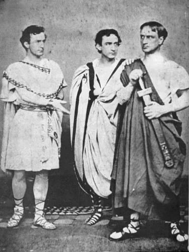 The three Booth brothers in Roman costumes: John Wilkes at left, Edwin at center and Junius Jr. at right.