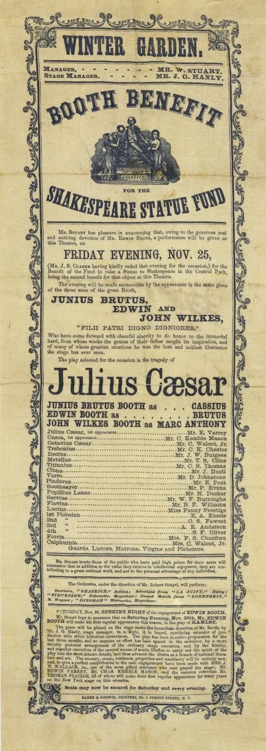 A tall Winter Garden Theatre playbill announcing a Booth benefit performance of Julius Caesar.