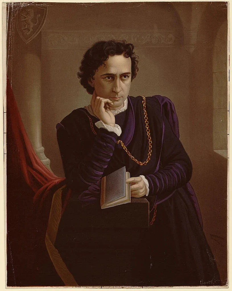 An 1873 color lithograph of Edwin Booth as Hamlet, resting his chin on his hand.