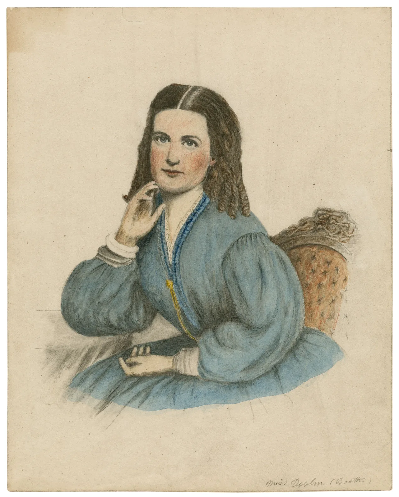 A nineteenth-century portrait of Mary Devlin Booth seated in a blue dress.