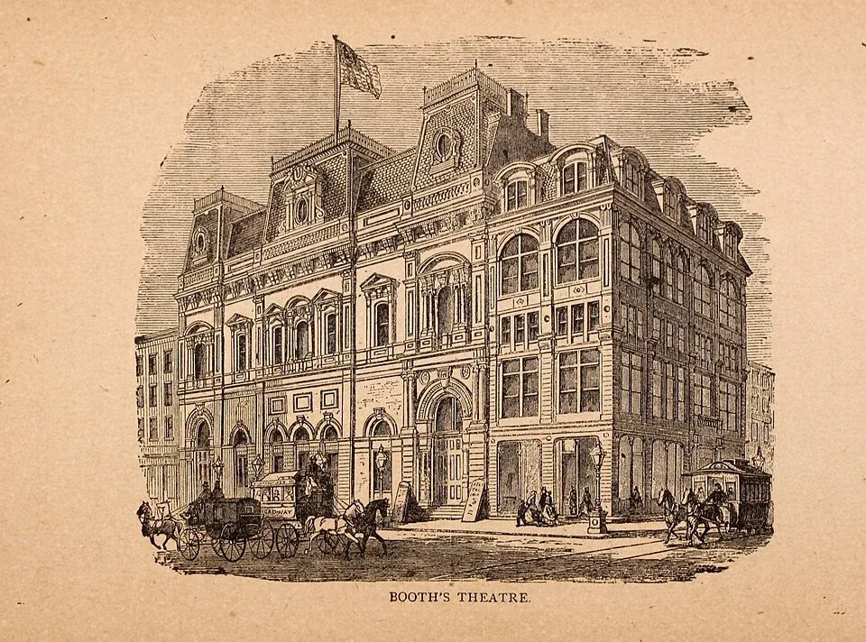 A nineteenth-century engraving of Booth’s Theatre and the street outside.
