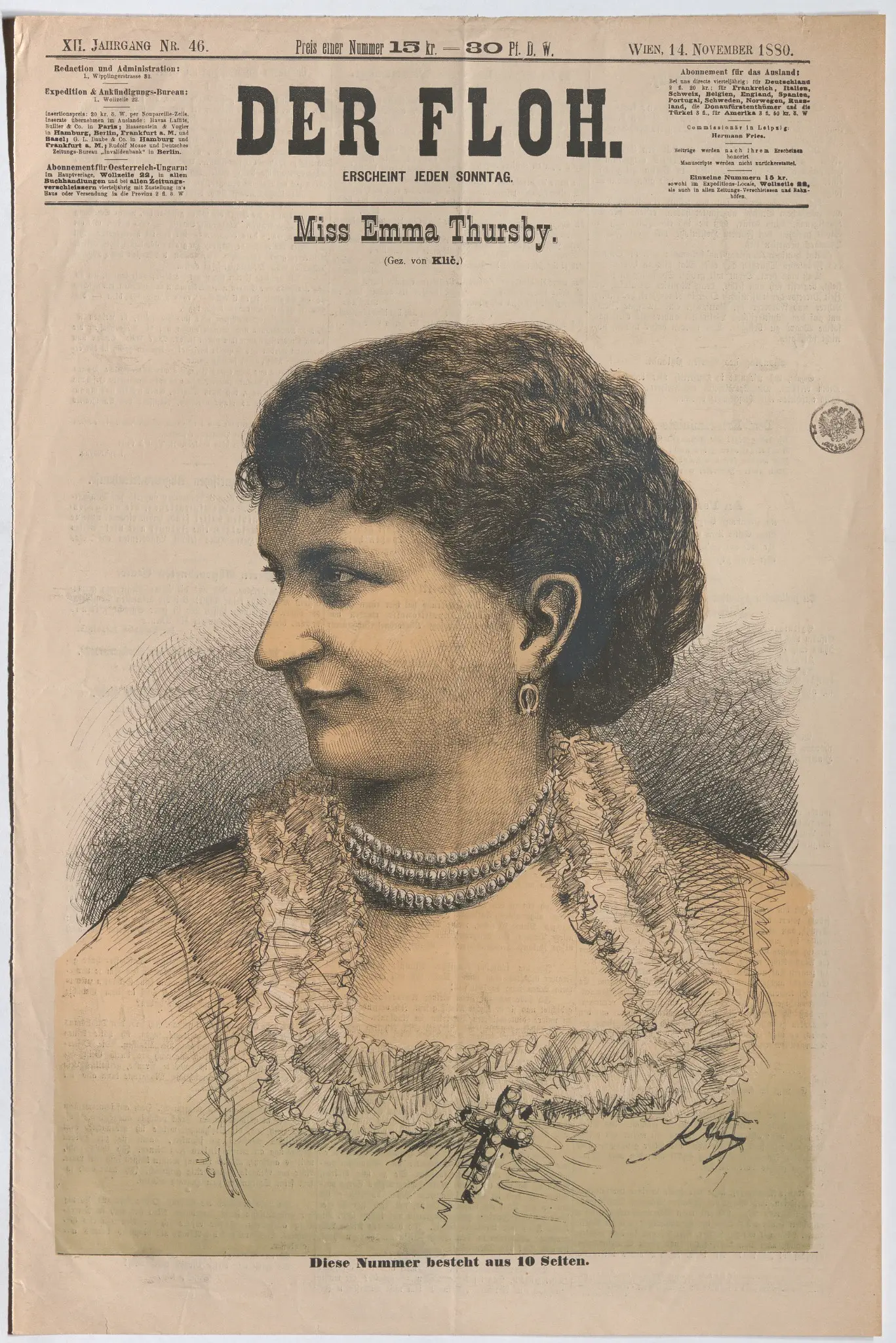 Hand-colored lithographic portrait of Miss Emma Thursby by Karl Klič on the front page of Vienna's Der Floh, November 14, 1880.