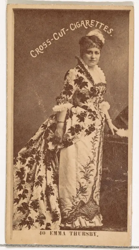 Albumen photograph card of Emma Thursby with the printed Cross Cut Cigarettes label.