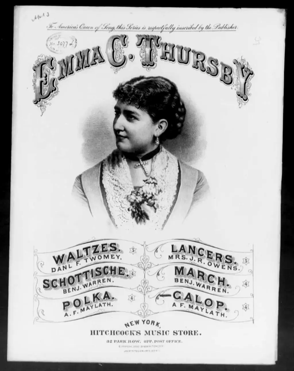 Illustrated 1880 sheet music cover for the Emma C. Thursby Galop by Arthur Maylath, featuring an oval portrait of Thursby.