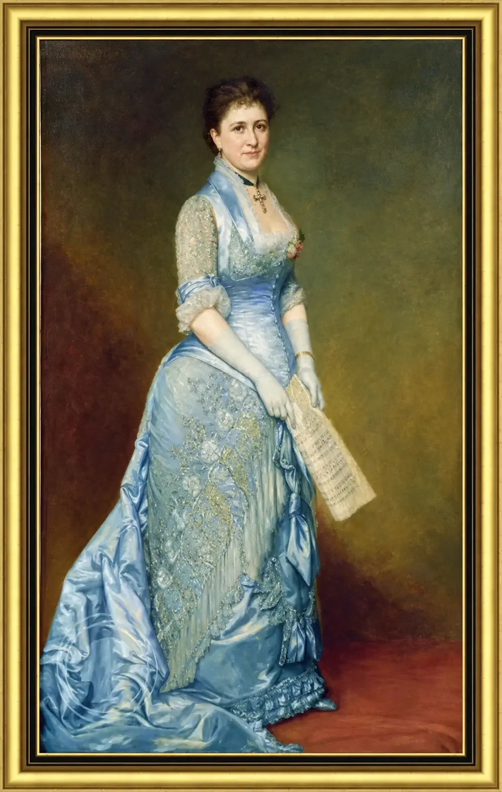 Full-length painted portrait of Emma Thursby in a richly detailed blue gown, holding sheet music.