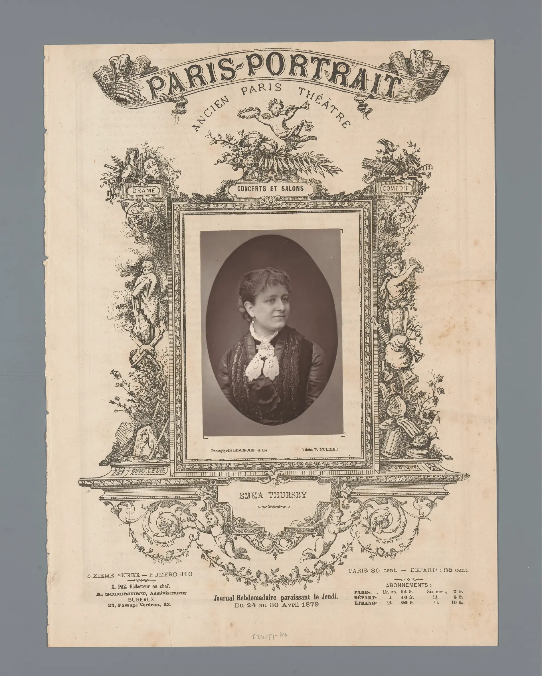 Ornate illustrated cover of the French arts weekly Paris-Portrait featuring an oval photograph of Emma Thursby, April 1879.