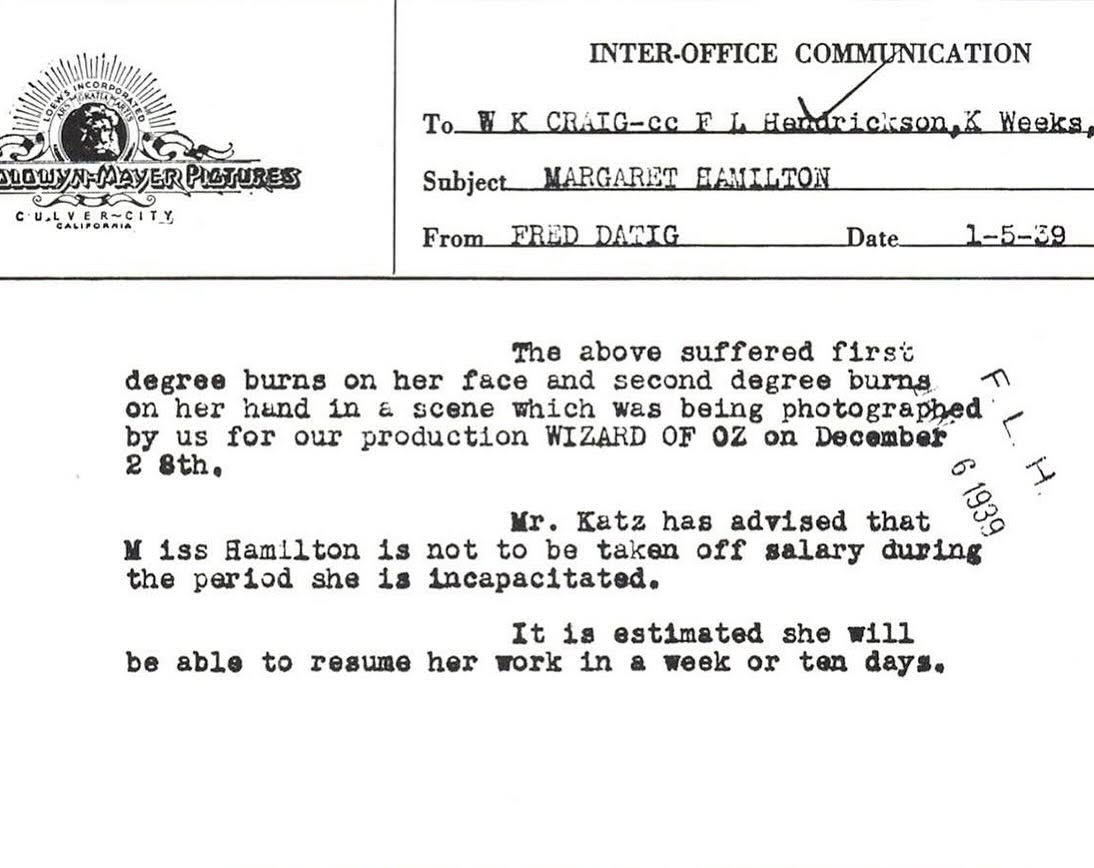 MGM memo dated January 5, 1939, recording Margaret Hamilton’s burns and directing that her salary continue.