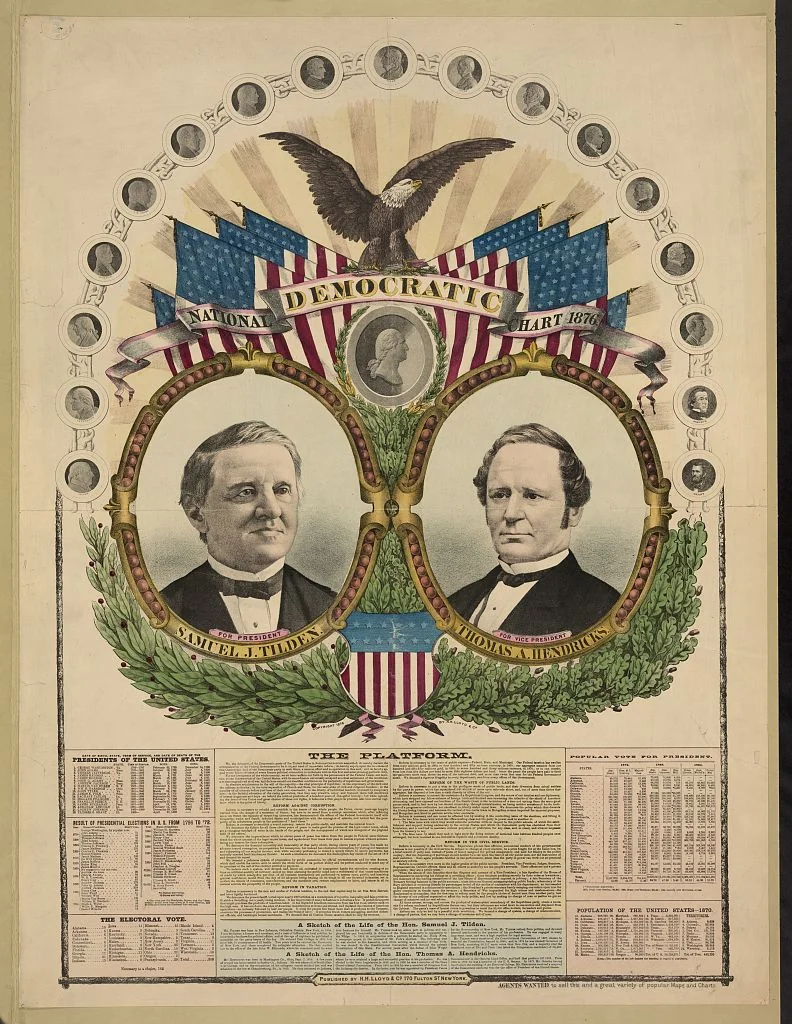 A Democratic campaign chart for Tilden and his running mate, Thomas A. Hendricks, in 1876.