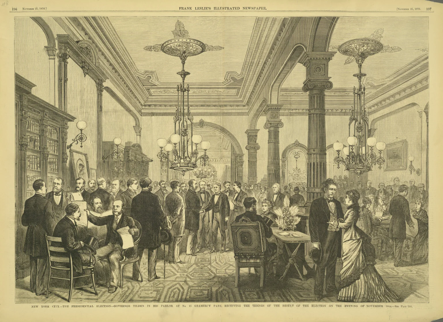 Tilden receives election news in his parlor at 15 Gramercy Park on November 10, 1876. This illustration appeared in Frank Leslie’s Illustrated Newspaper on November 25.