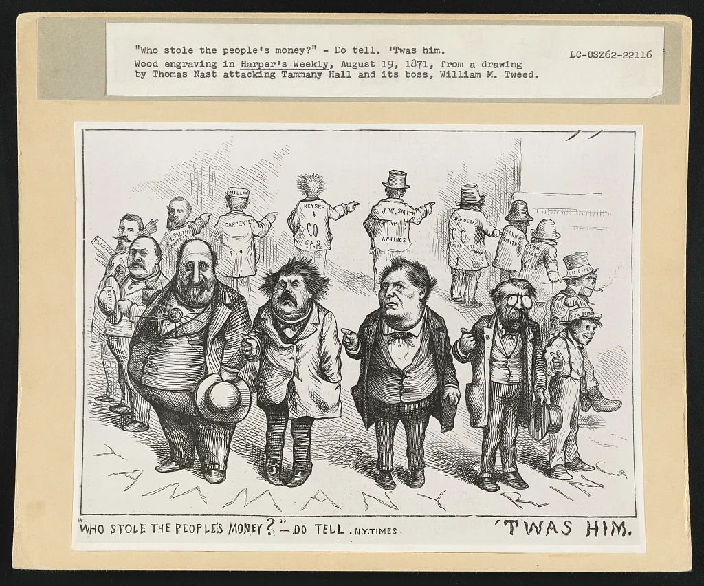 ‘Who Stole the People’s Money?’ Thomas Nast’s 1871 cartoon shows the Tweed Ring pointing the blame at one another.