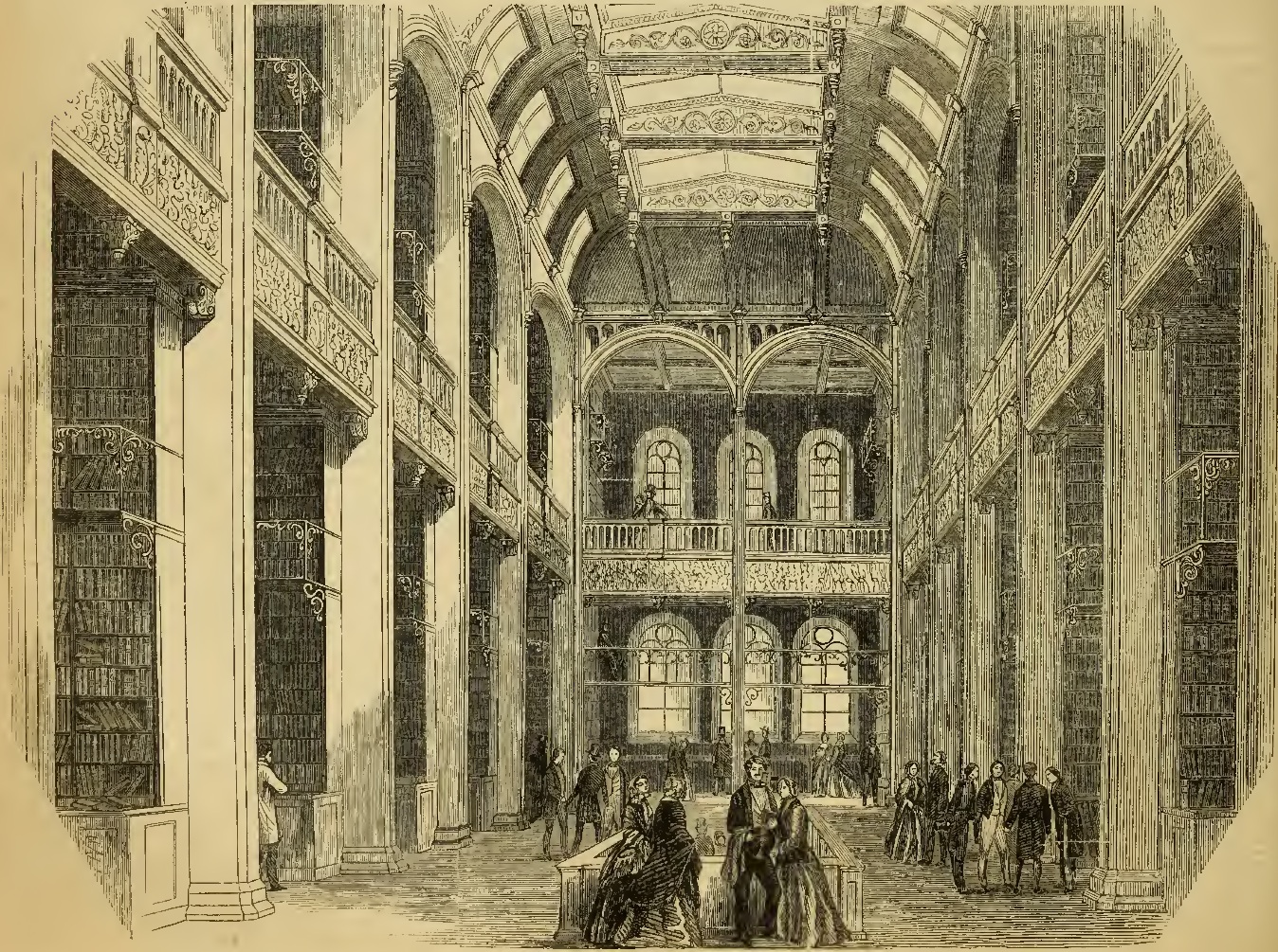 An 1854 engraving of readers inside the Astor Library, surrounded by tall bookcases, ornate galleries, arches, and a vaulted ceiling.