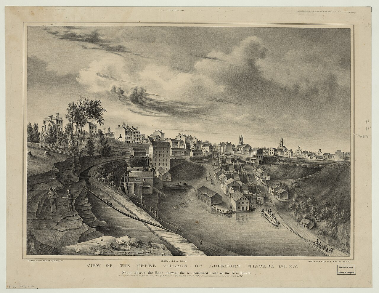 An 1836 lithograph of the Erie Canal at Lockport, with paired flights of locks rising through the village and horse-drawn canal boats below.