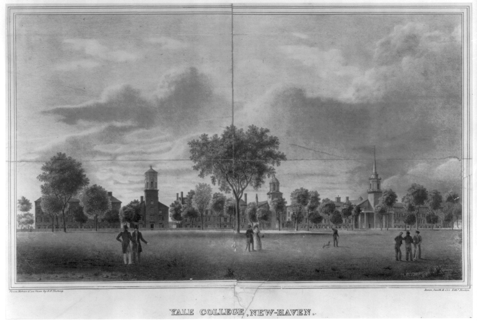 Engraving of Yale College at New Haven, with the college buildings and church spires seen across a broad lawn, trees and small groups of people.