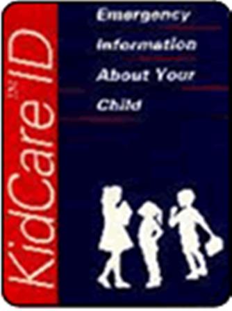 The KidCare ID kit cover reproduced in the Block Association archive’s description of children’s identification programs.