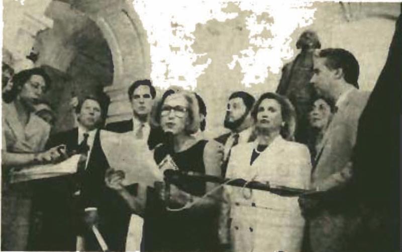 Arlene Harrison speaking about free-speech rights at a City Hall press conference during the 1994 campaign.