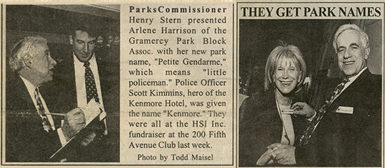 Two newspaper clippings show photographs and text about honorary park names.