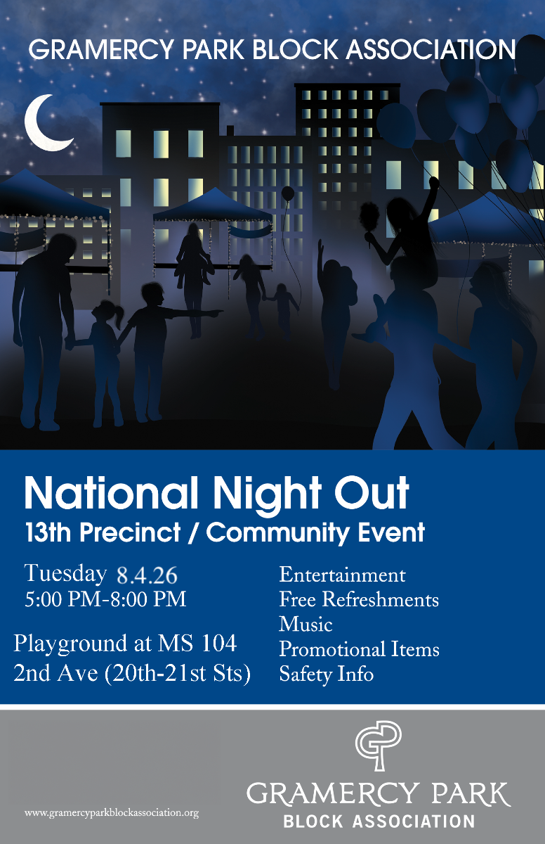 The Block Association’s National Night Out invitation for August 4, 2026, at the MS 104 playground.