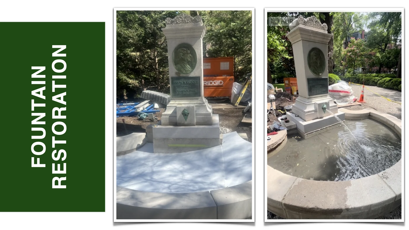 Two photographs of the restored Ruggles memorial and fountain basin