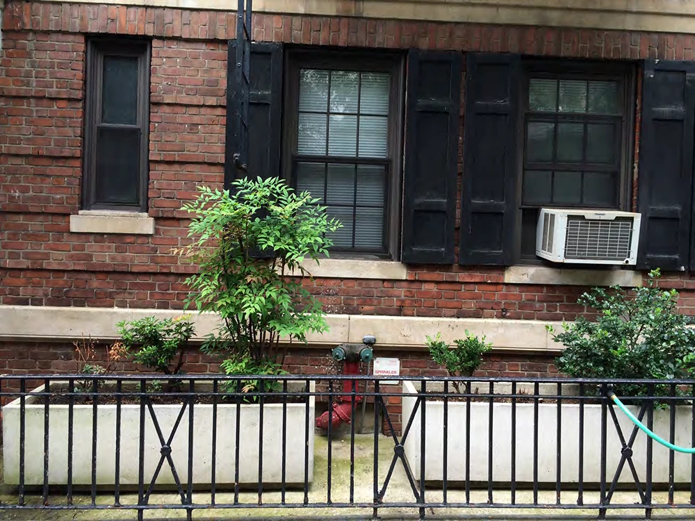 Windows, fences and planters at 17 Gramercy Park South, documented as existing conditions in the Block Association’s restoration recommendations.